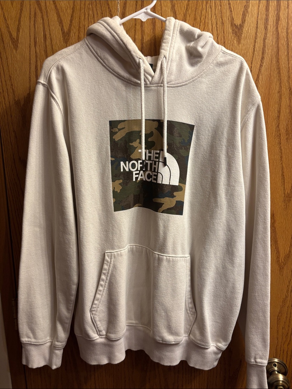 The North Face Men’s Cream Crewneck Hoodie with Camo Logo